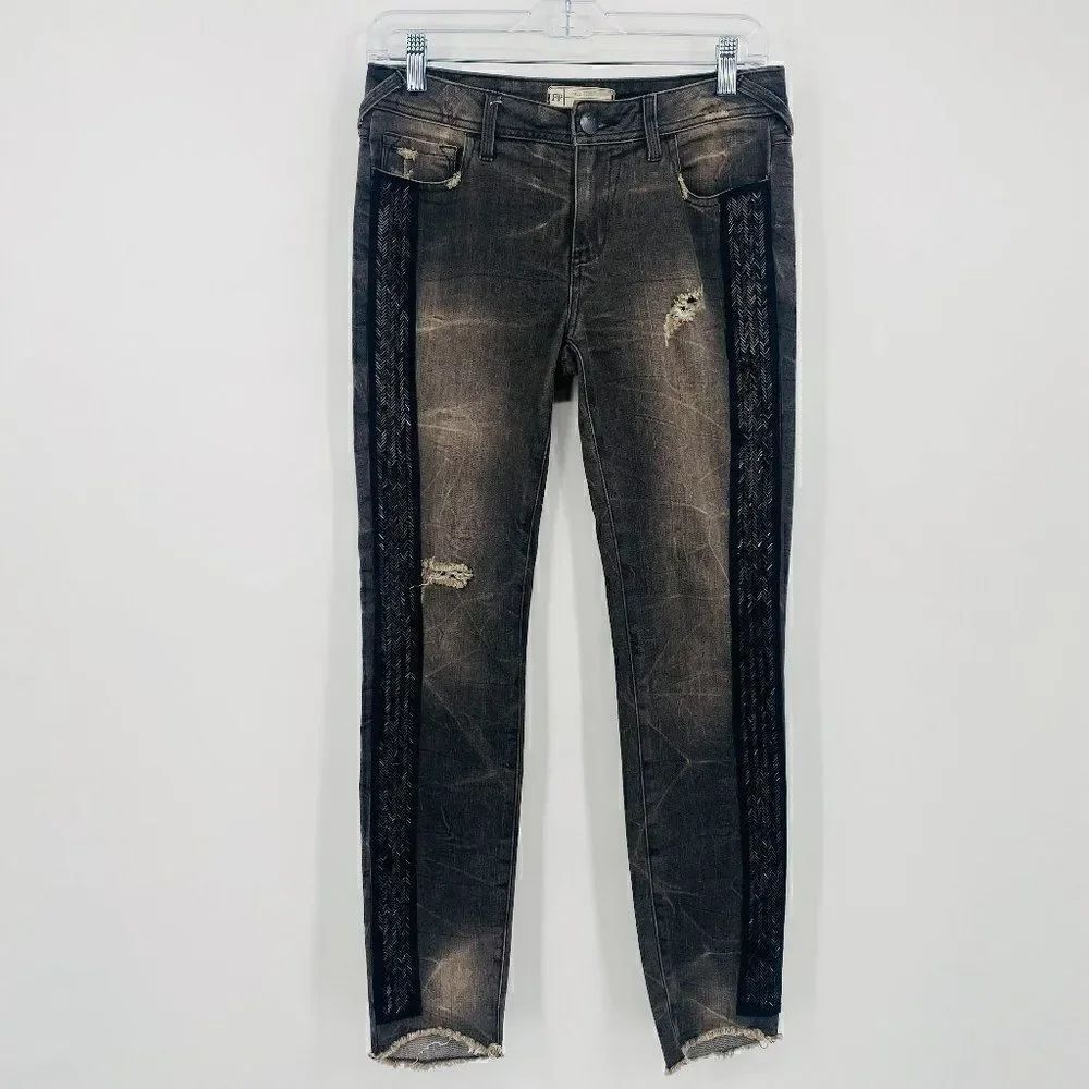 Free People Size 26 Black Distressed Solstice Sequin Tuxedo Skinny Jeans